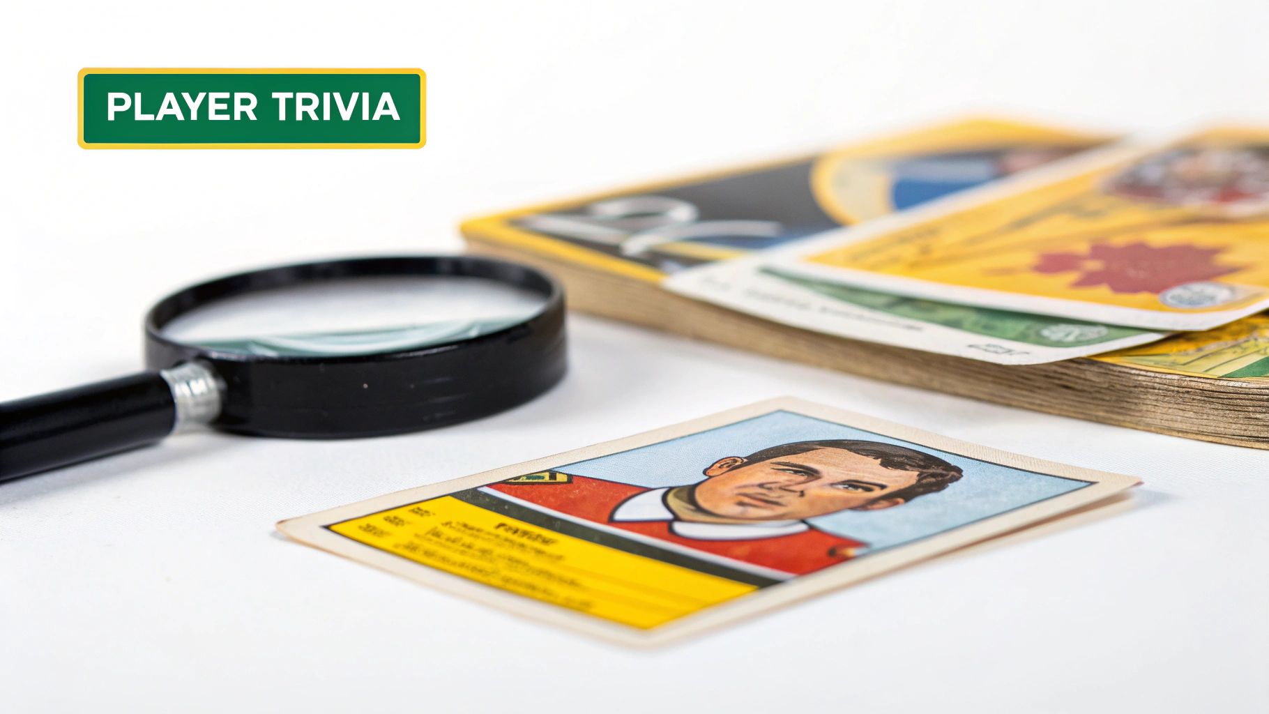 A magnifying glass next to vintage sports cards, with one card featuring a player and 'PLAYER TRIVIA' banner.
