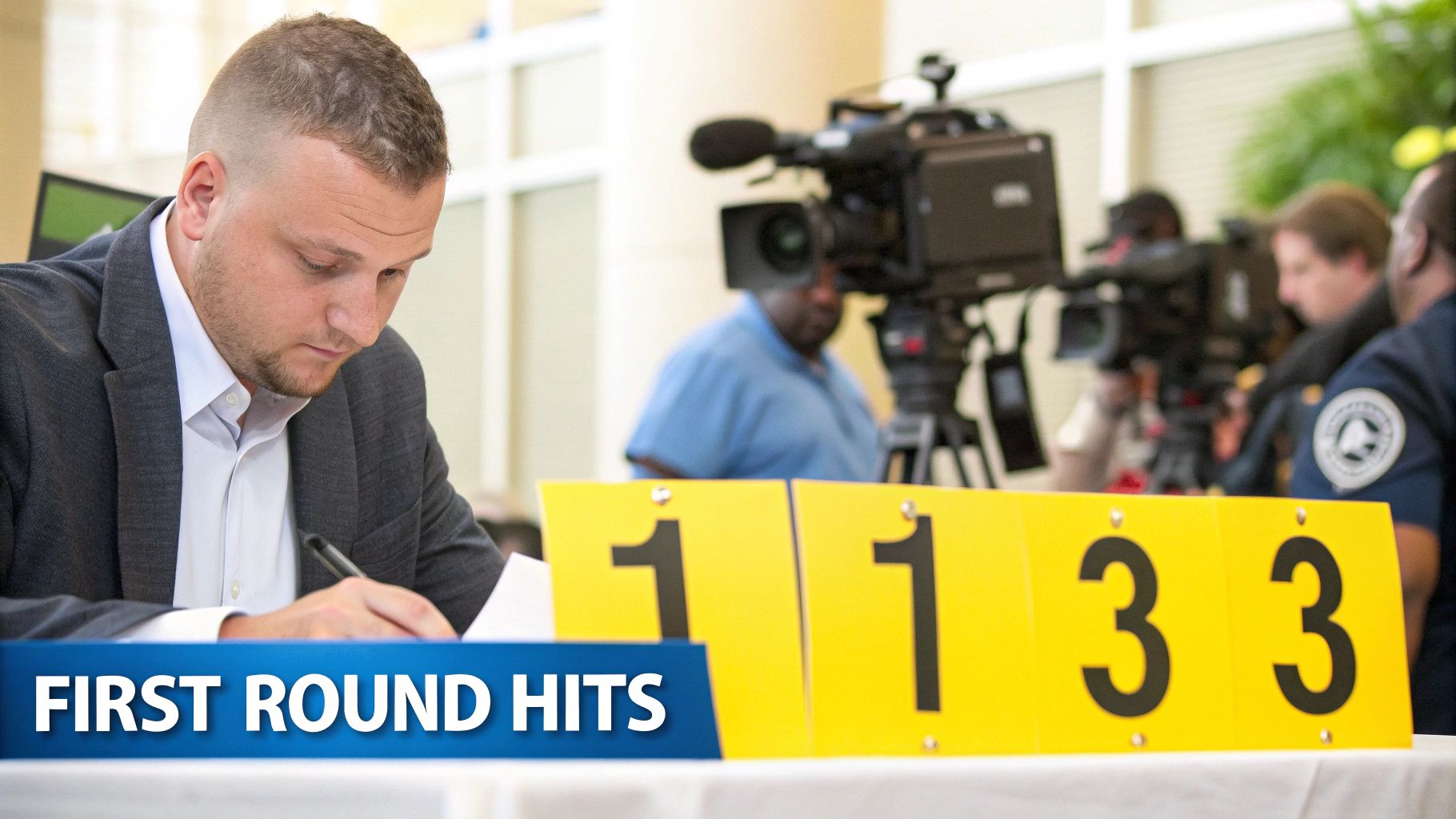 A wide-angle shot of a hockey player, identified as an Ed Jovanovski, wearing a Florida Panthers jersey and helmet, posing with his stick on the ice.