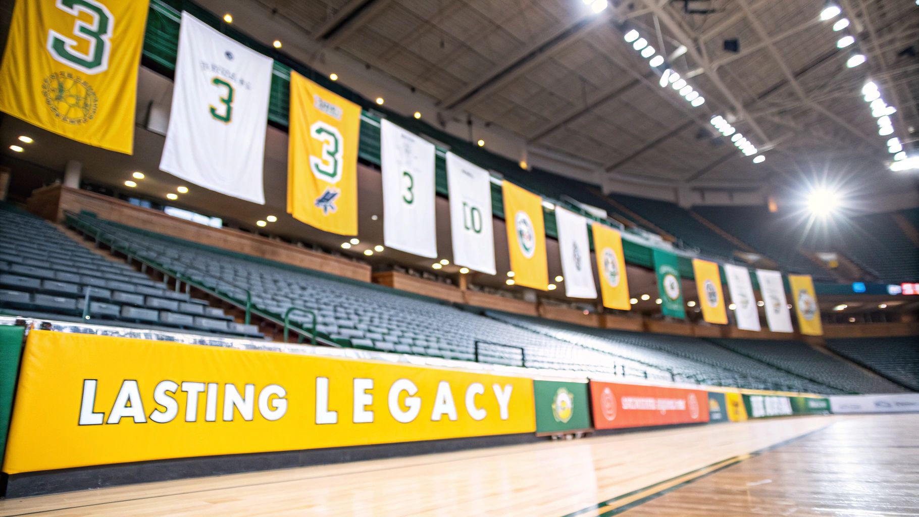 A wide shot of a hockey arena during a game, with the ice lit up and fans in the stands