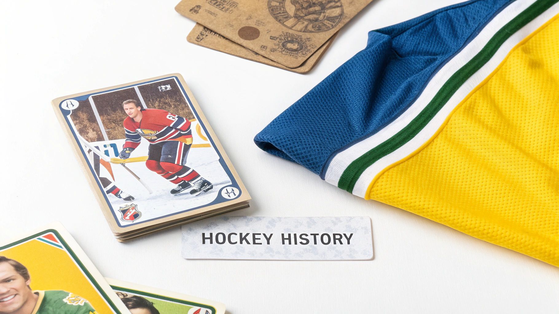 Vintage hockey sticks and a puck resting on a wooden surface, evoking a sense of hockey history.