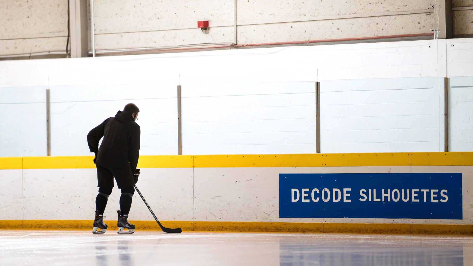 A hockey player silhouette against a vibrant, abstract background, poised to take a shot.