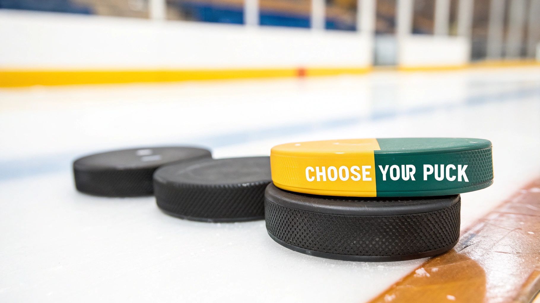 A custom hockey puck with a detailed logo design being held up for display