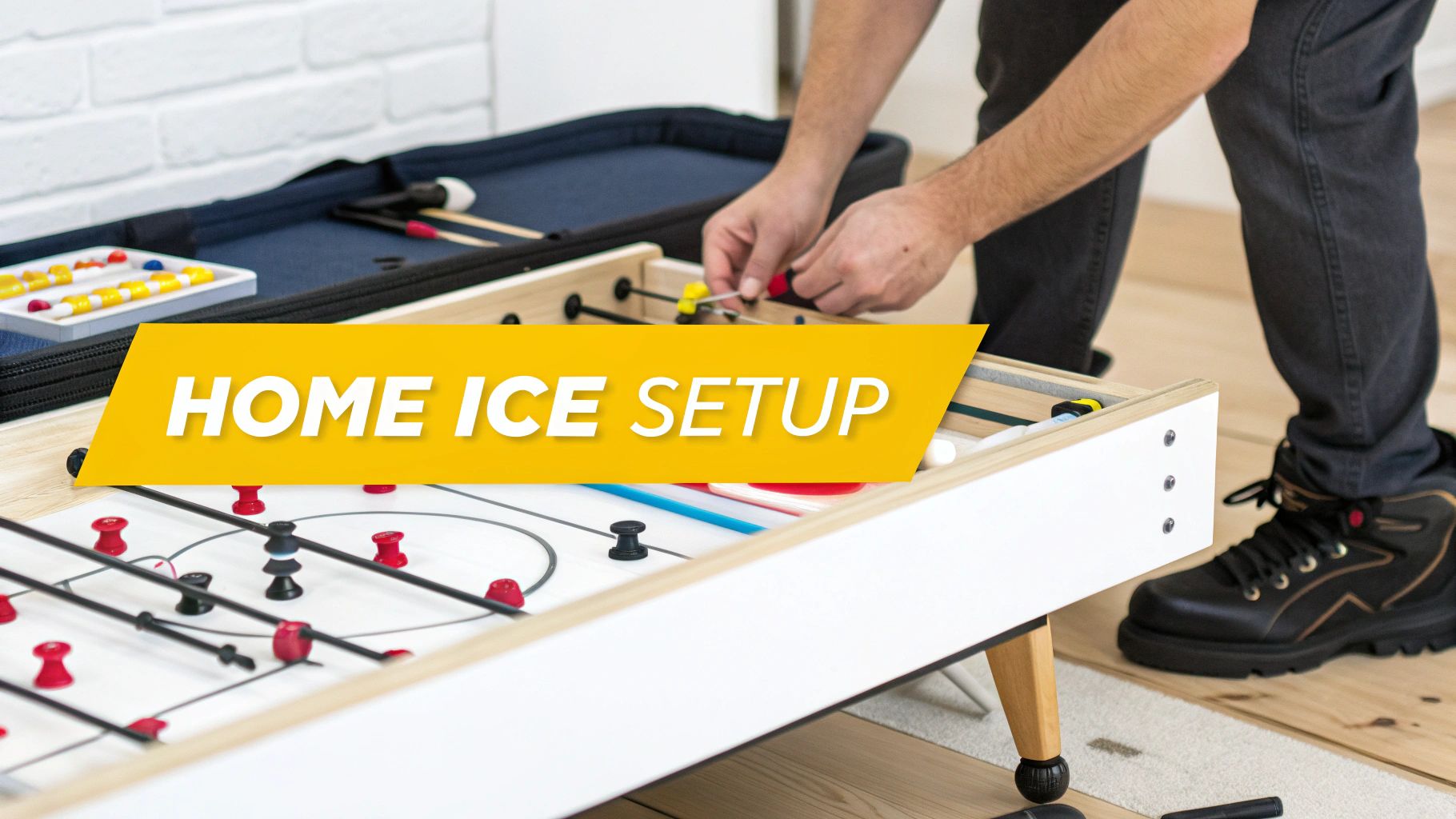 Two people playing a board hockey game