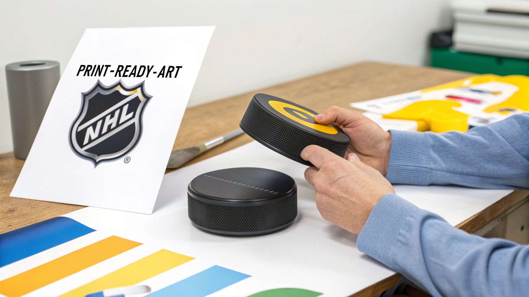 A detailed shot of various custom hockey pucks showing different printing finishes and vibrant colours.