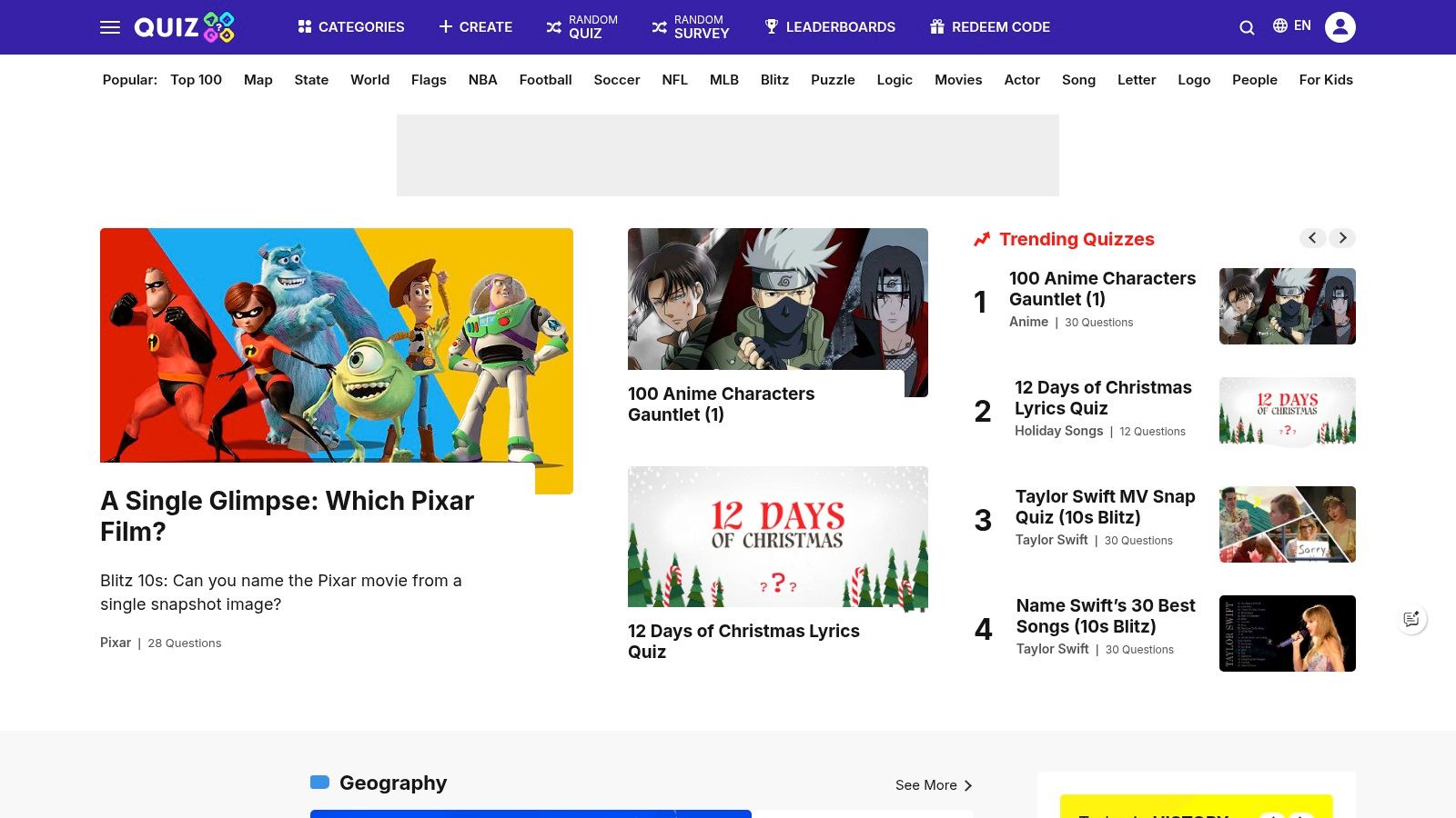 A screenshot of the QuizABCD website, showing a timed NHL logo quiz. A logo is displayed with multiple-choice answers and a countdown timer.
