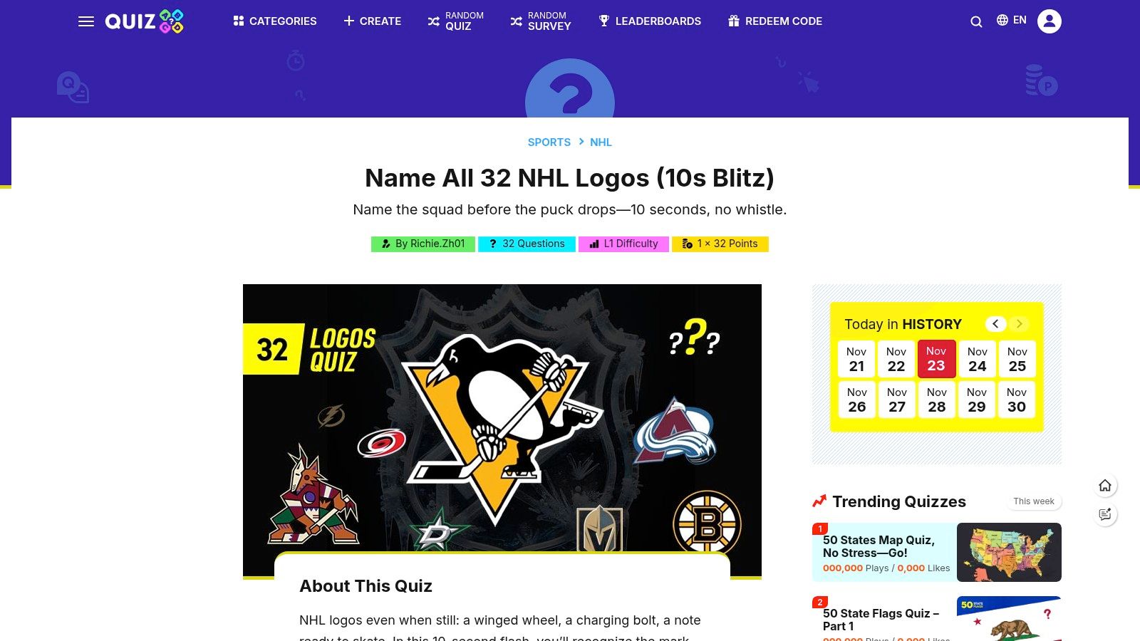 The QuizABCD interface showing an NHL team logo and a multiple-choice answer format under a tight timer.