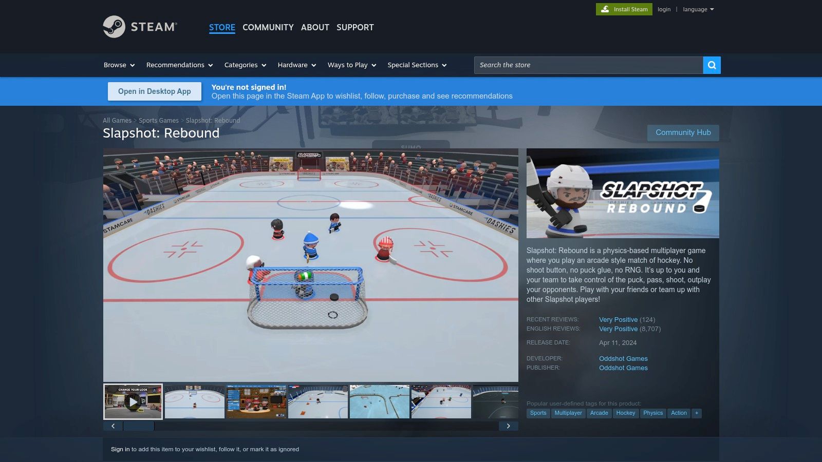 A hockey player in a blue jersey skates on the ice in the game Slapshot: Rebound.