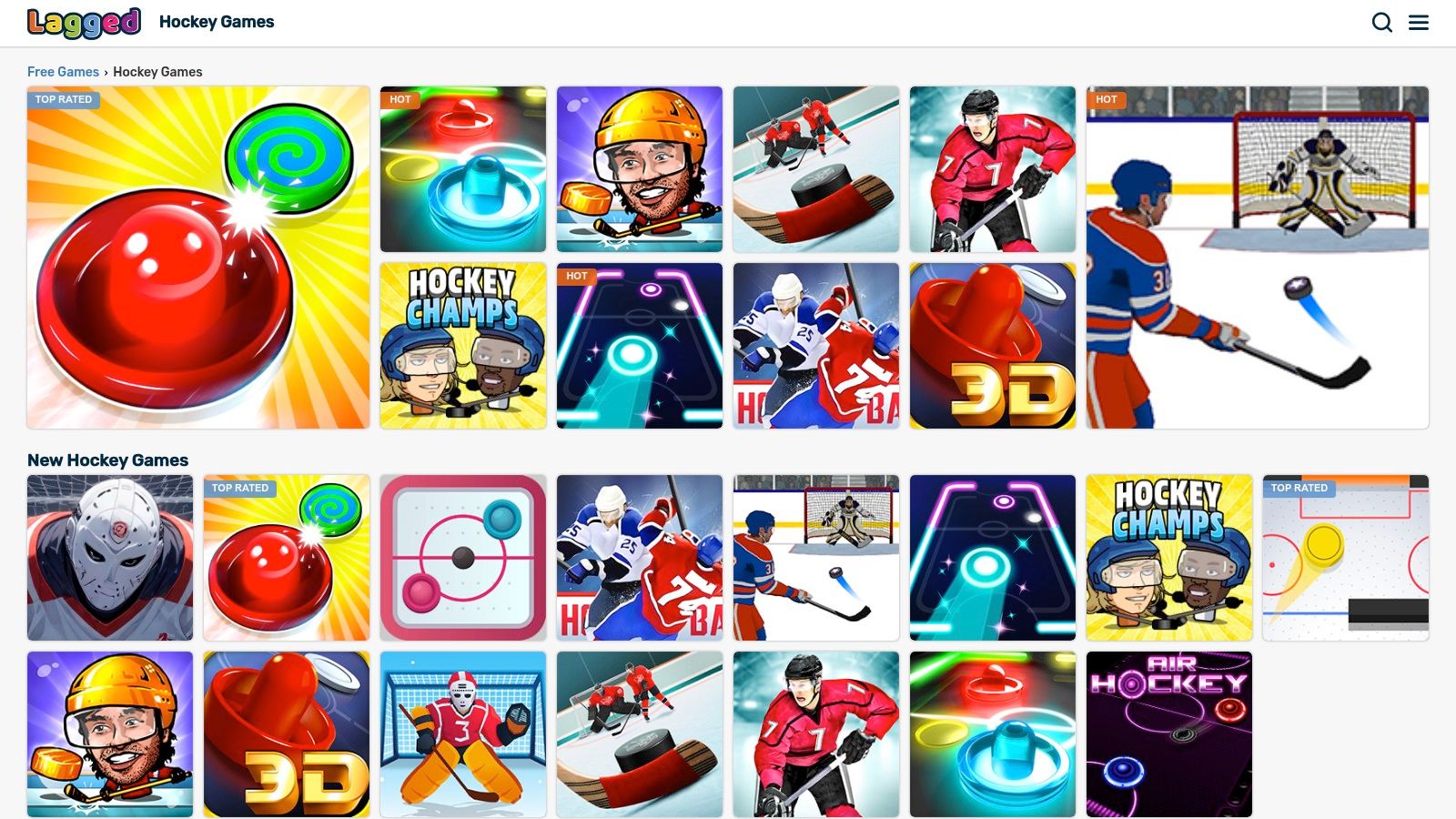 A collection of hockey game thumbnails on the Lagged website, including Hockey Champs and Puppet Hockey.