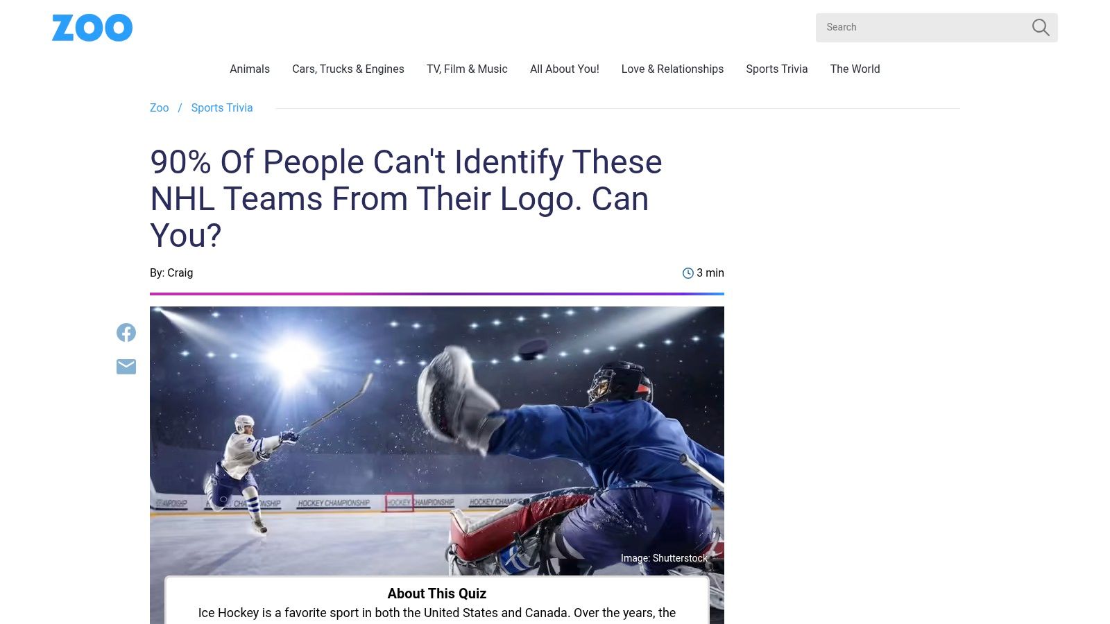 A screenshot of the Zoo.com website showing a multiple-choice NHL logo quiz, featuring the Philadelphia Flyers logo and four team name options.