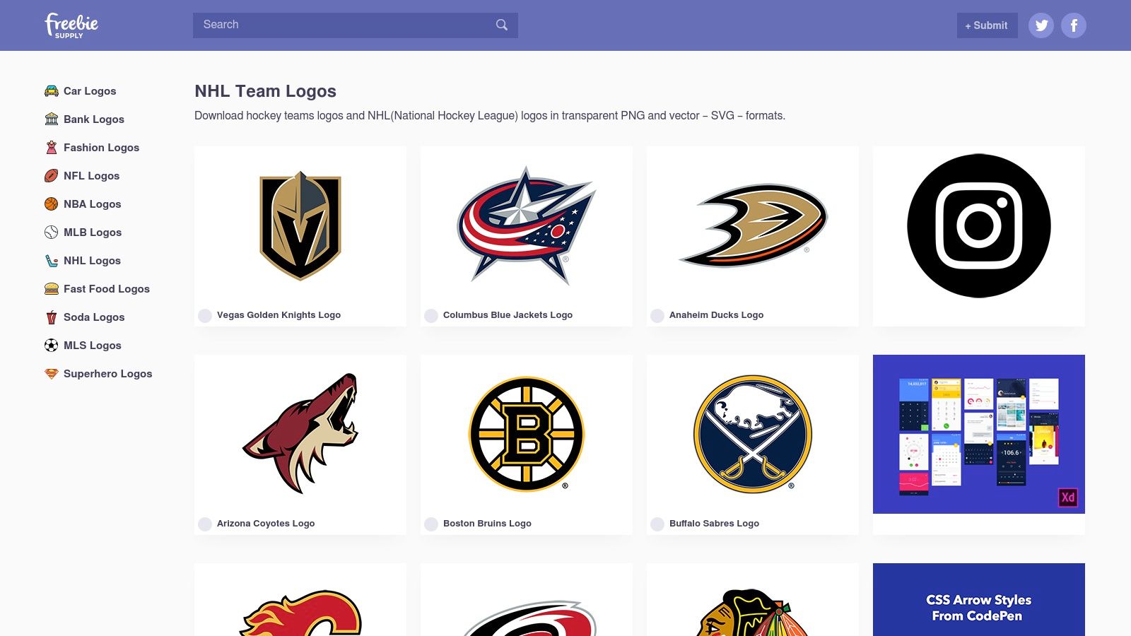 FreebieSupply's website showing a collection of downloadable NHL logos in a clean grid format.