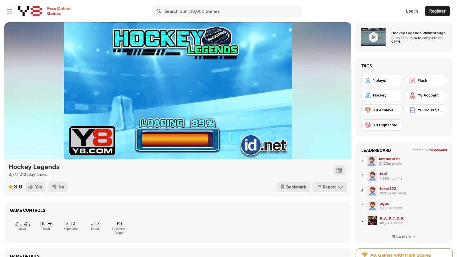 A cartoon-style hockey game from the Y8 platform showing two players.