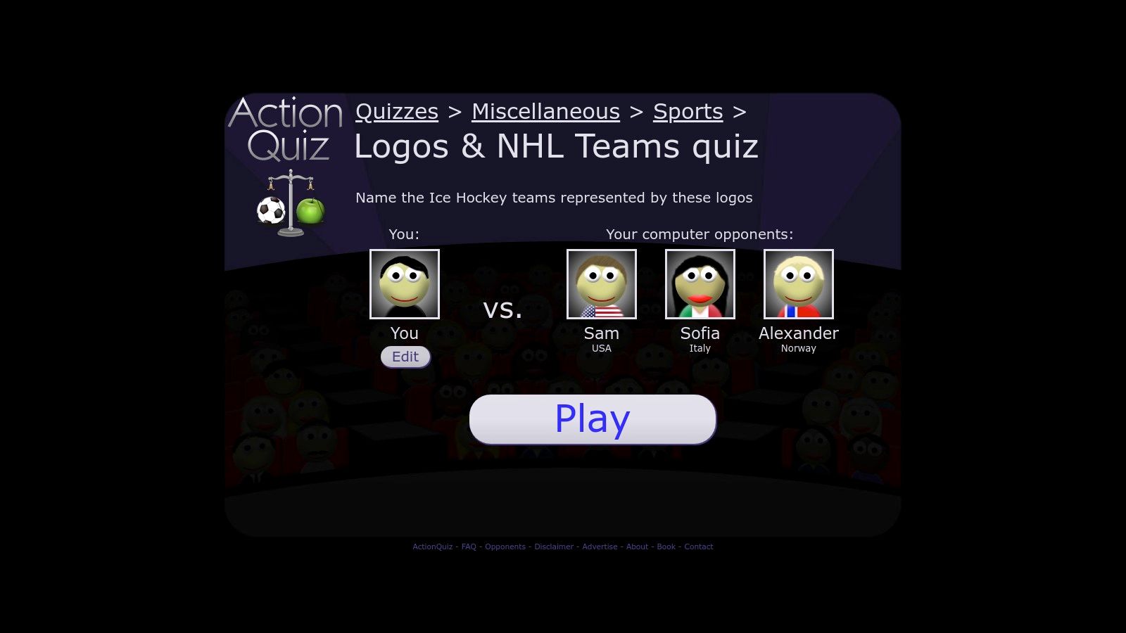 ActionQuiz's NHL logo quiz interface showing a logo and multiple-choice options, with a scoreboard indicating the player is competing against computer opponents.