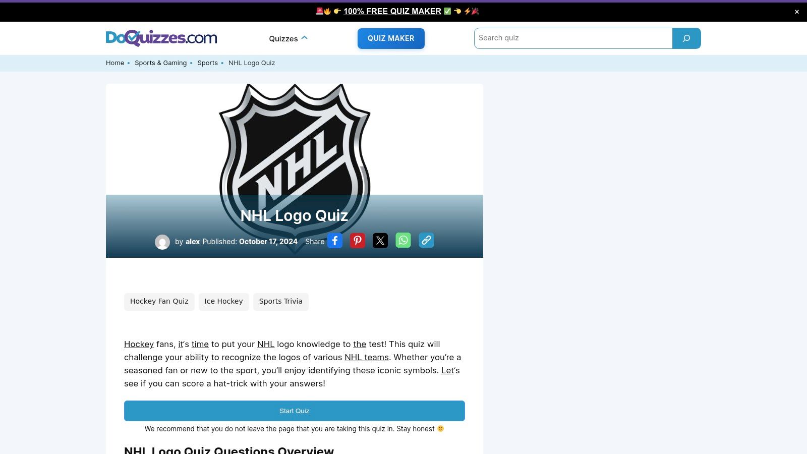 A screenshot of the DoQuizzes website showing a multiple-choice NHL logo quiz question with a clean, mobile-friendly interface.