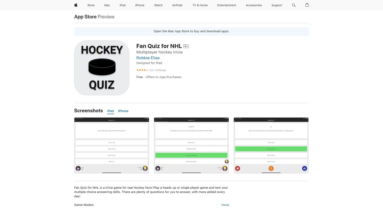 A screenshot of the 'Fan Quiz for NHL' app on the Apple App Store (Canada).