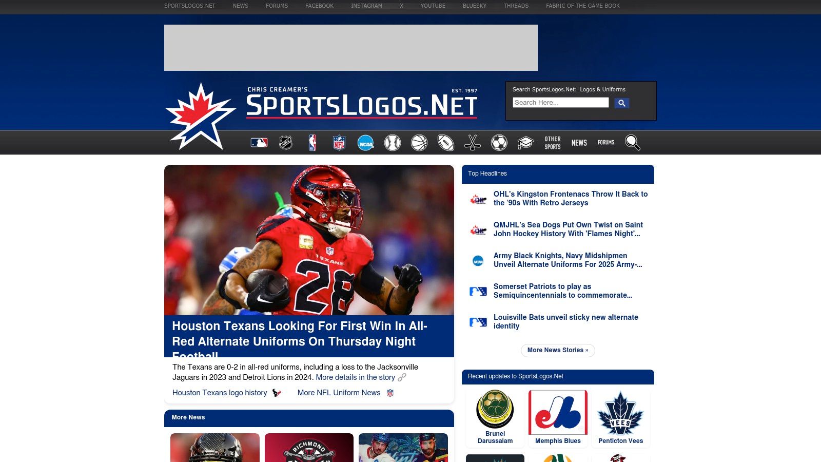 A screenshot of the SportsLogos.net website, showcasing a detailed history page for an NHL team's logos over the years.