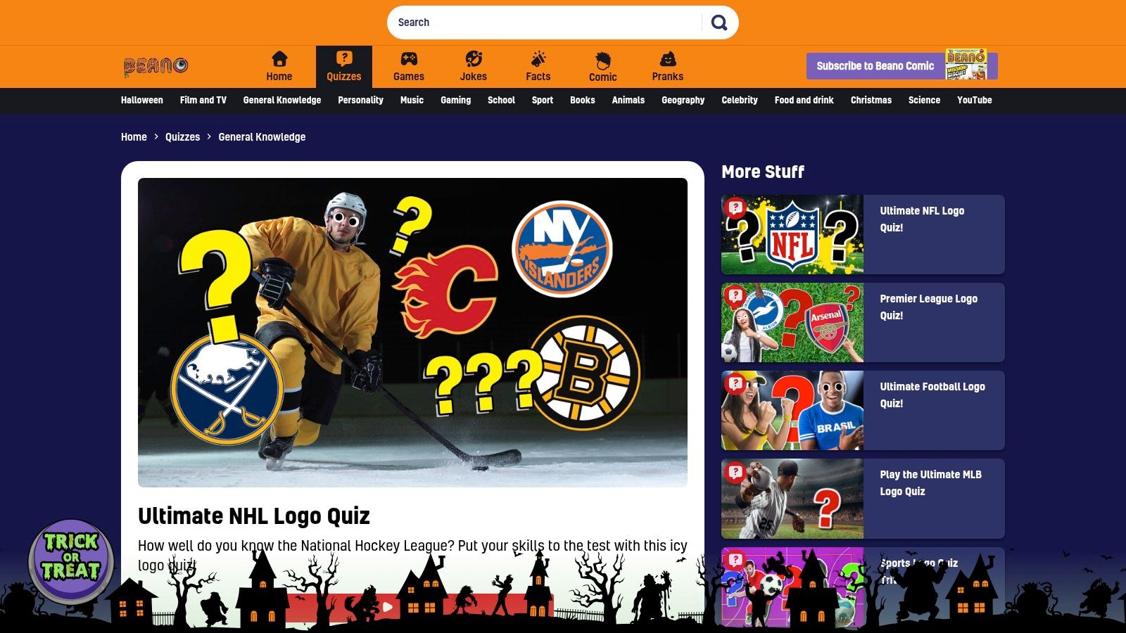A screenshot of the Beano website's NHL Logo Quiz showing a question.