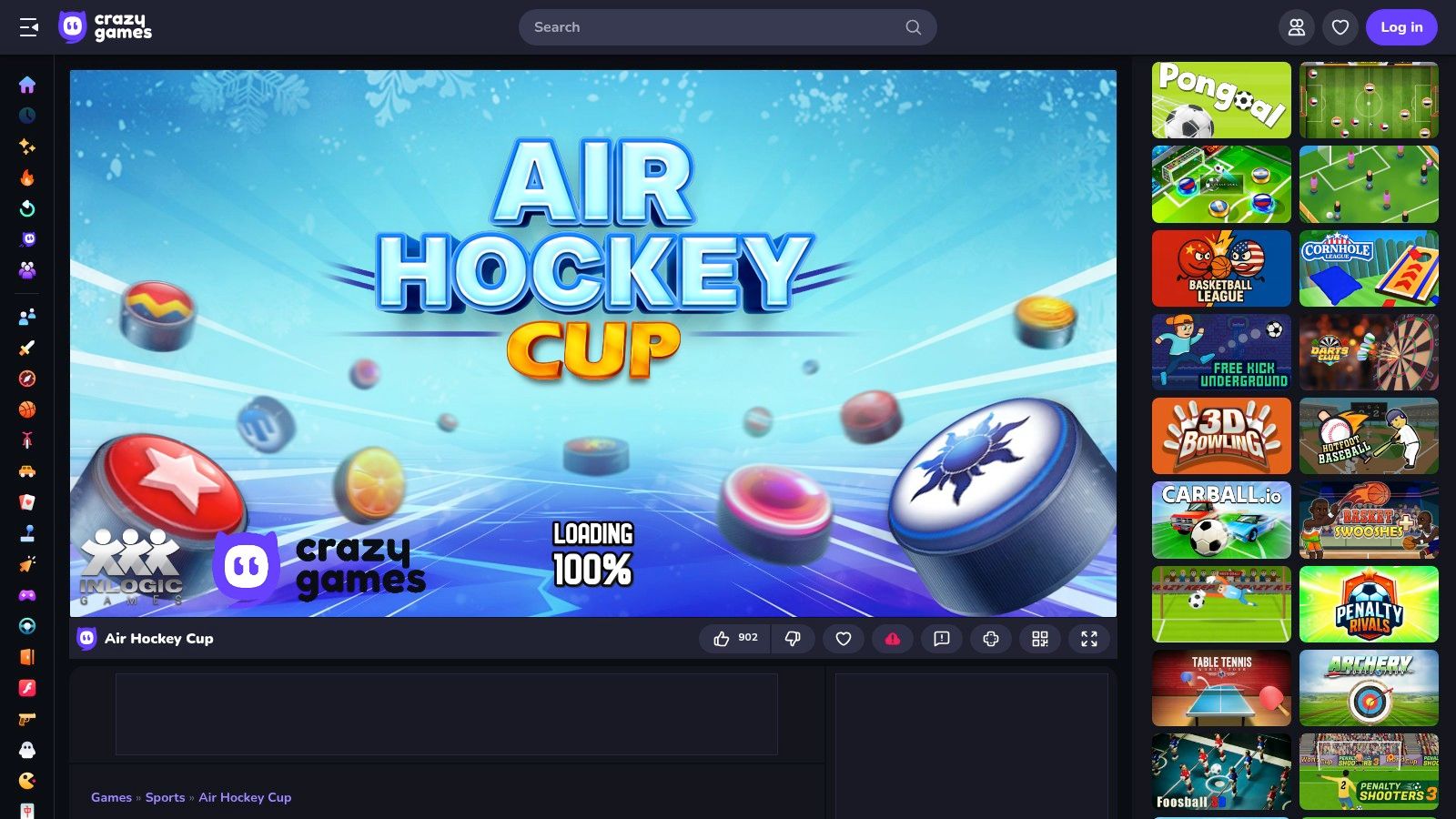 A game of air hockey is being played in a browser on CrazyGames.