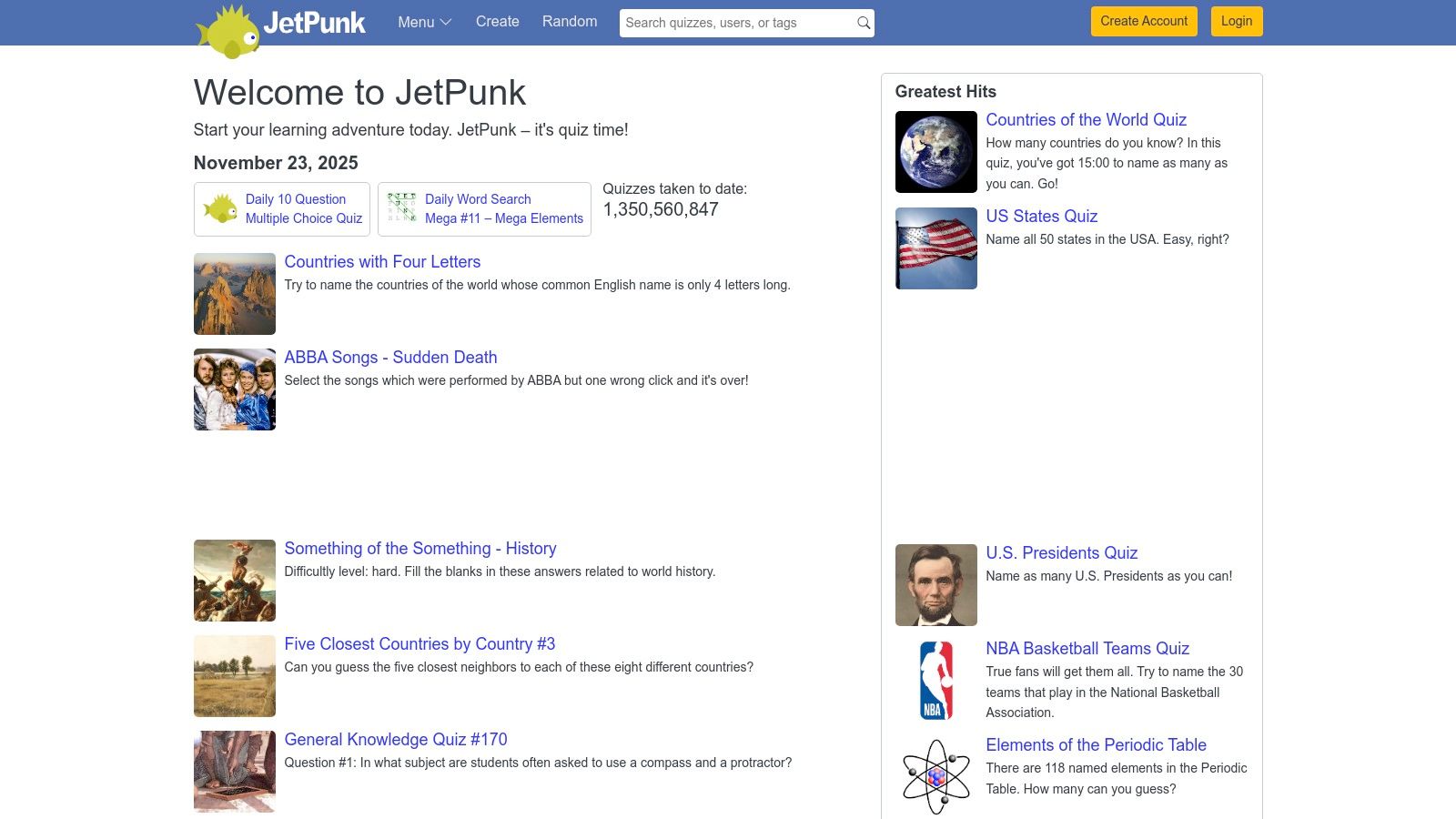A JetPunk NHL logo quiz showing several team logos and a timer, challenging the user to name them all.