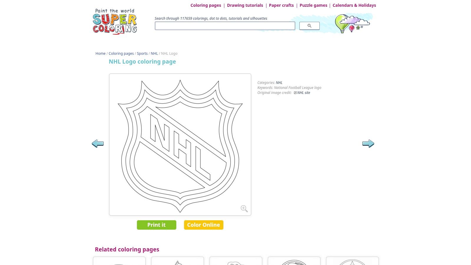 The SuperColoring website showing a printable colouring page of the NHL shield logo.