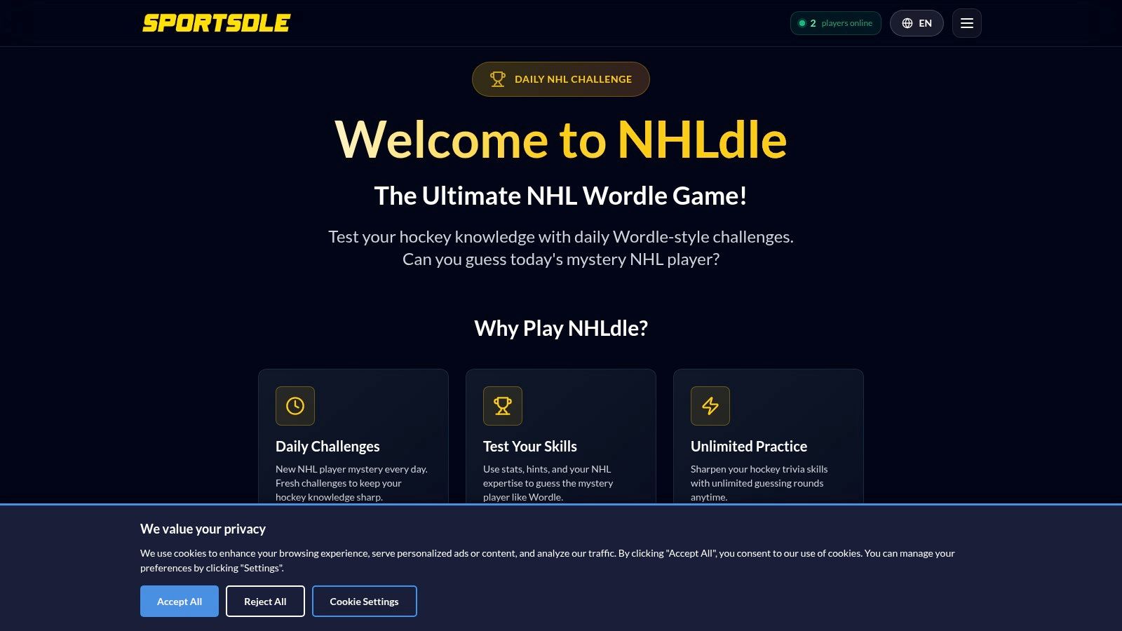 A screenshot of the SportsDle NHLdle interface showing a player guessing puzzle with stat clues like team, conference, position, and age.