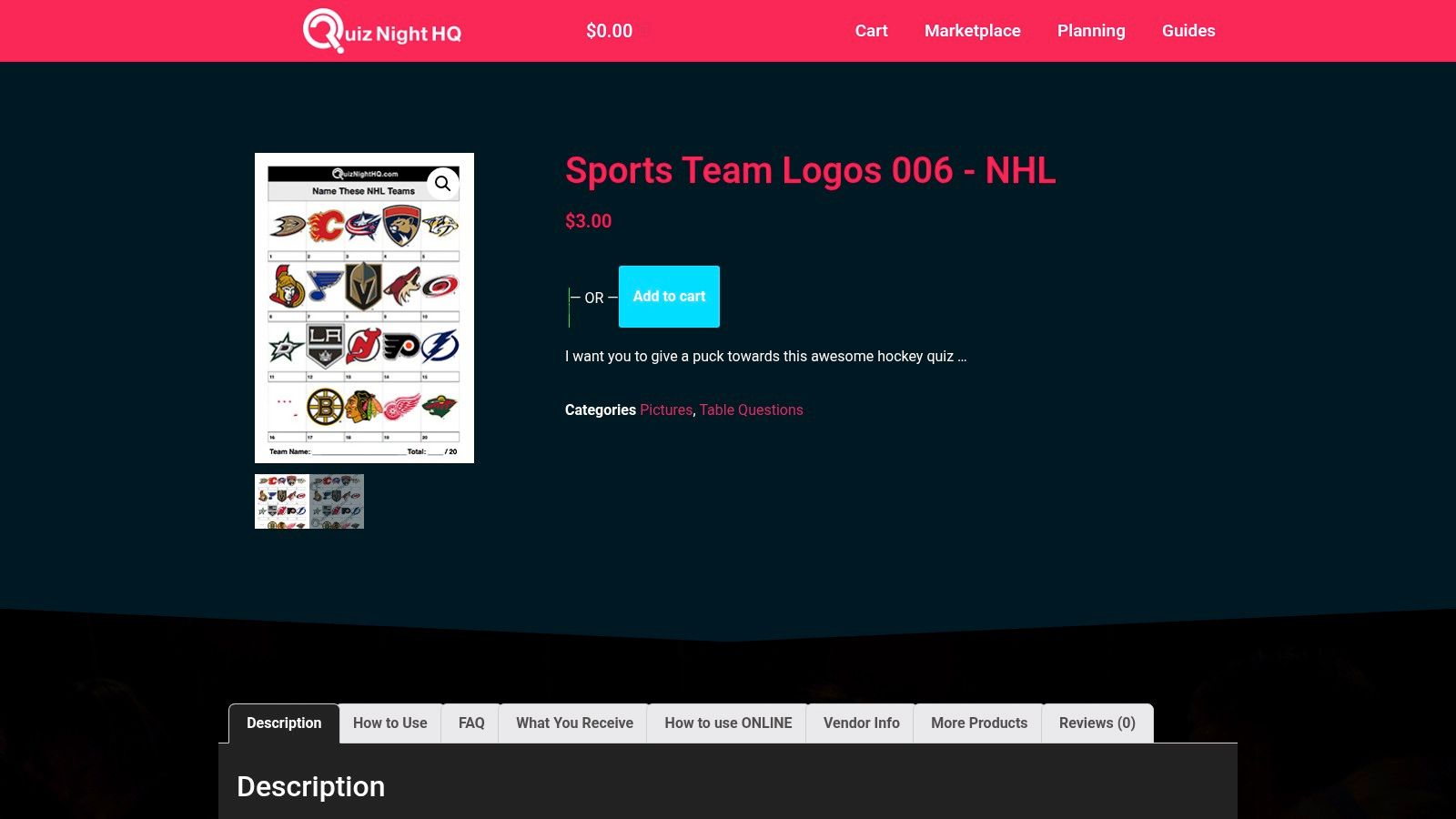 A screenshot of the QuizNightHQ website showing the product page for their downloadable NHL logo quiz round.