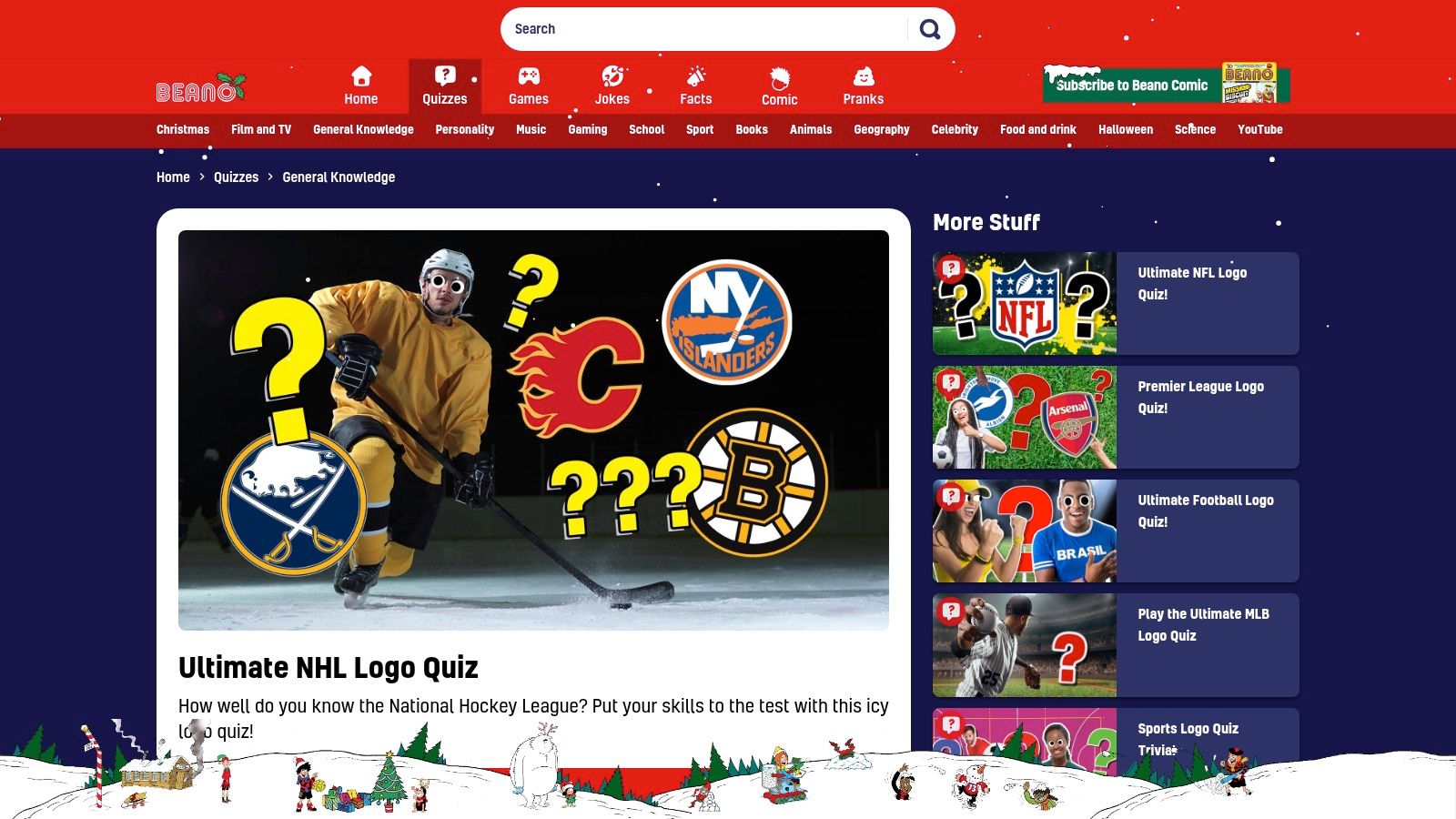 A screenshot of the Beano website's Ultimate NHL Logo Quiz, featuring a clean layout with a multiple-choice question about an NHL logo.