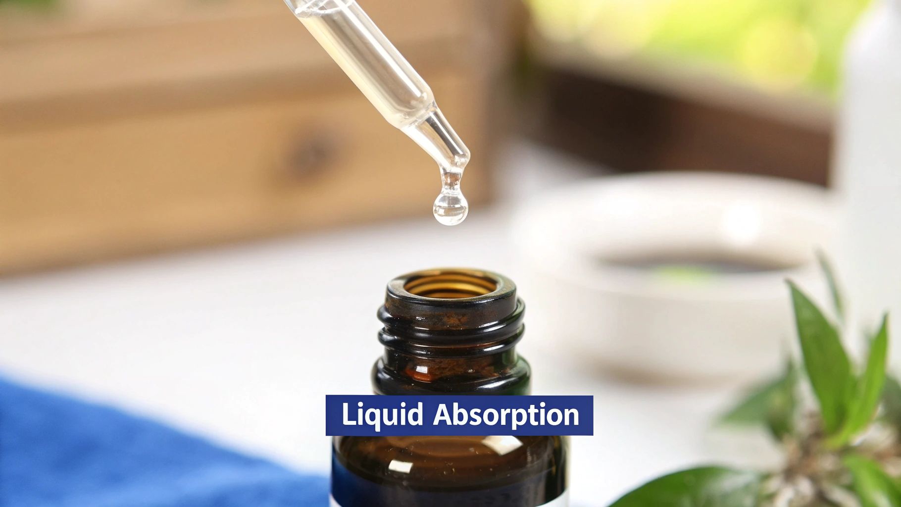 A close-up shot of a clear liquid supplement being poured into a small measuring cup.