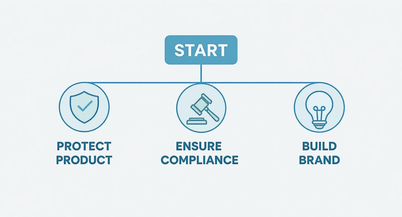 Flowchart showing three key pillars: protect product, ensure compliance, and build brand with icons