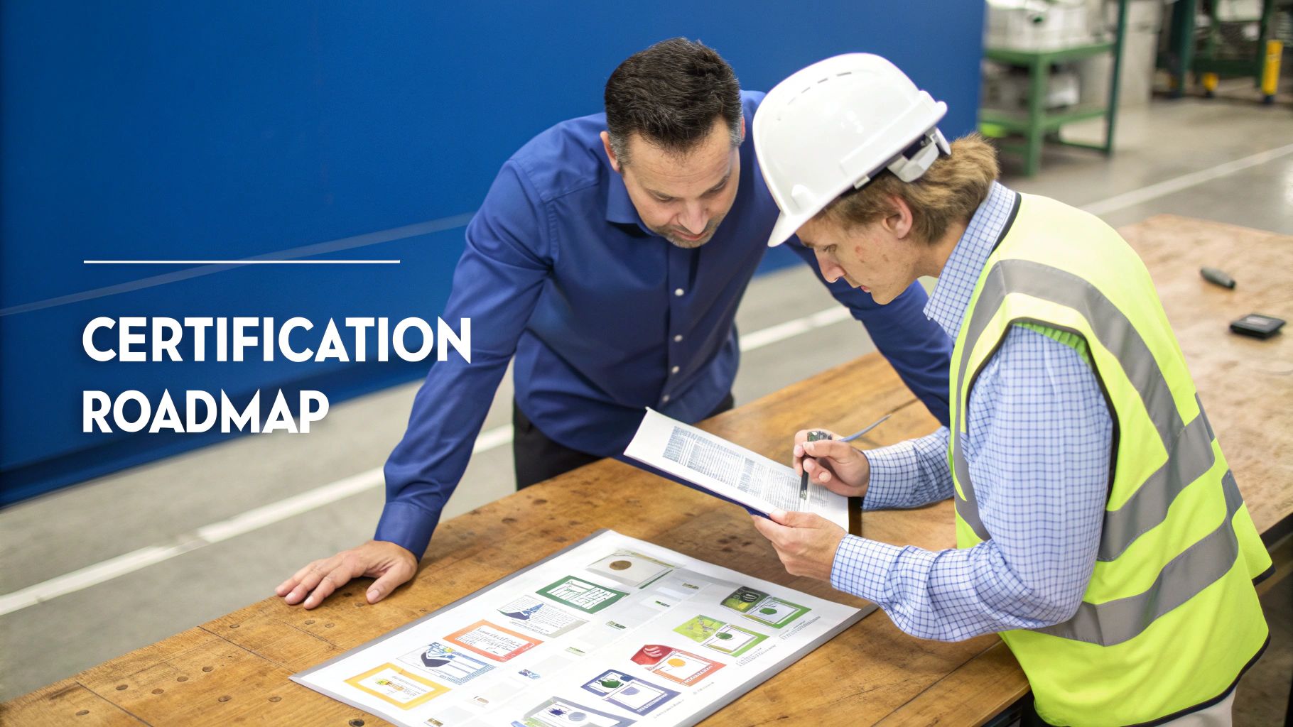 Two men in an industrial setting review a document titled 'Certification Roadmap' on a wooden table.