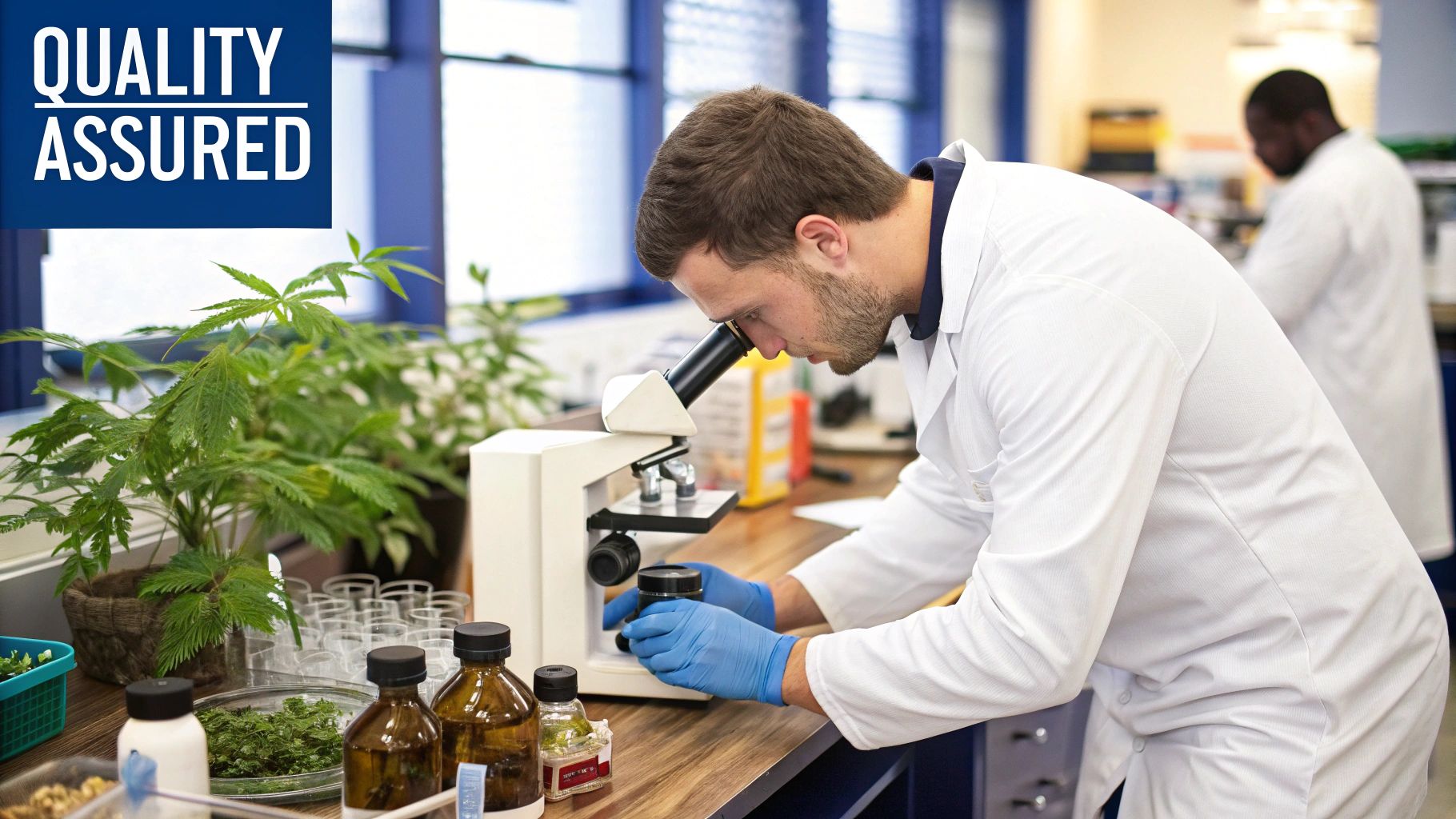 Technician in a lab coat and gloves carefully inspecting a beaker filled with a liquid supplement, symbolizing quality control.