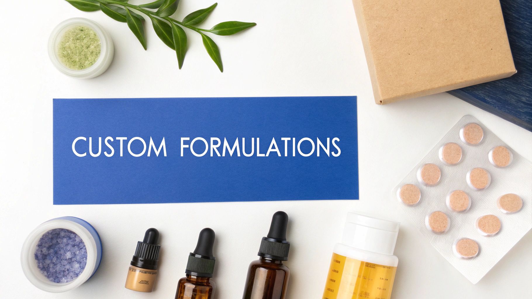 A flat lay of custom formulation products including bottles, jars, pills, and a blue card.