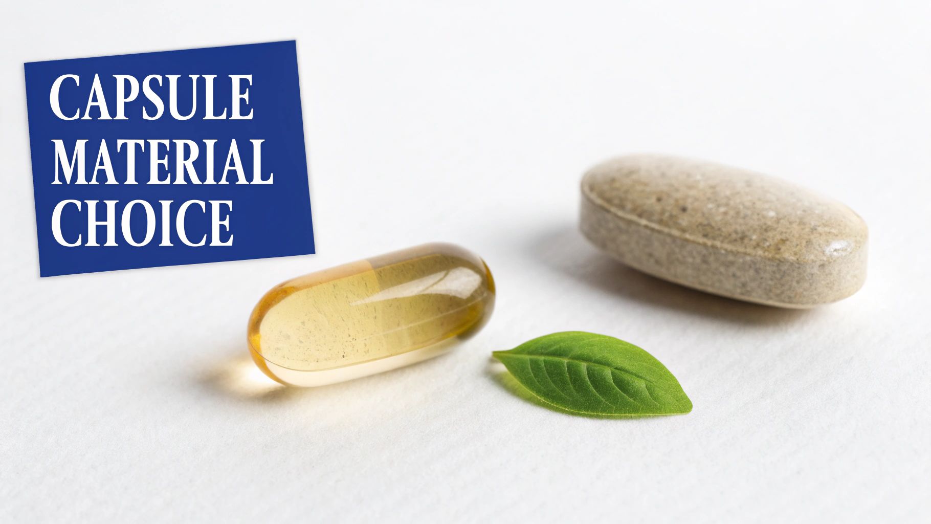 A yellow capsule, green leaf, and brown tablet alongside a blue sign discussing capsule material choice.