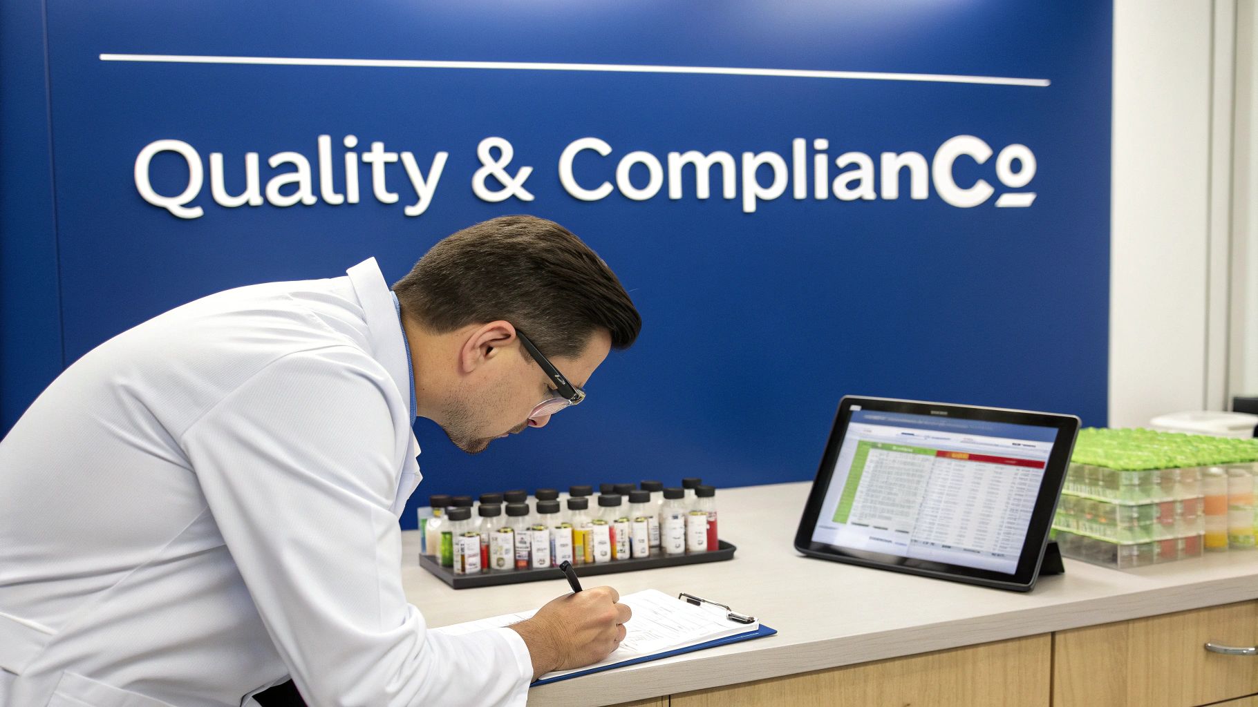 Technician in a cleanroom environment inspecting a bottle of liquid supplement.