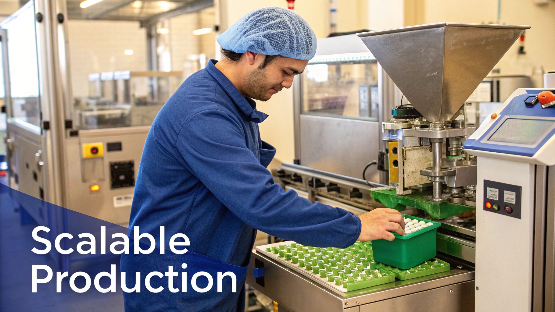Various sizes of amber glass bottles for liquid supplements on a production line.