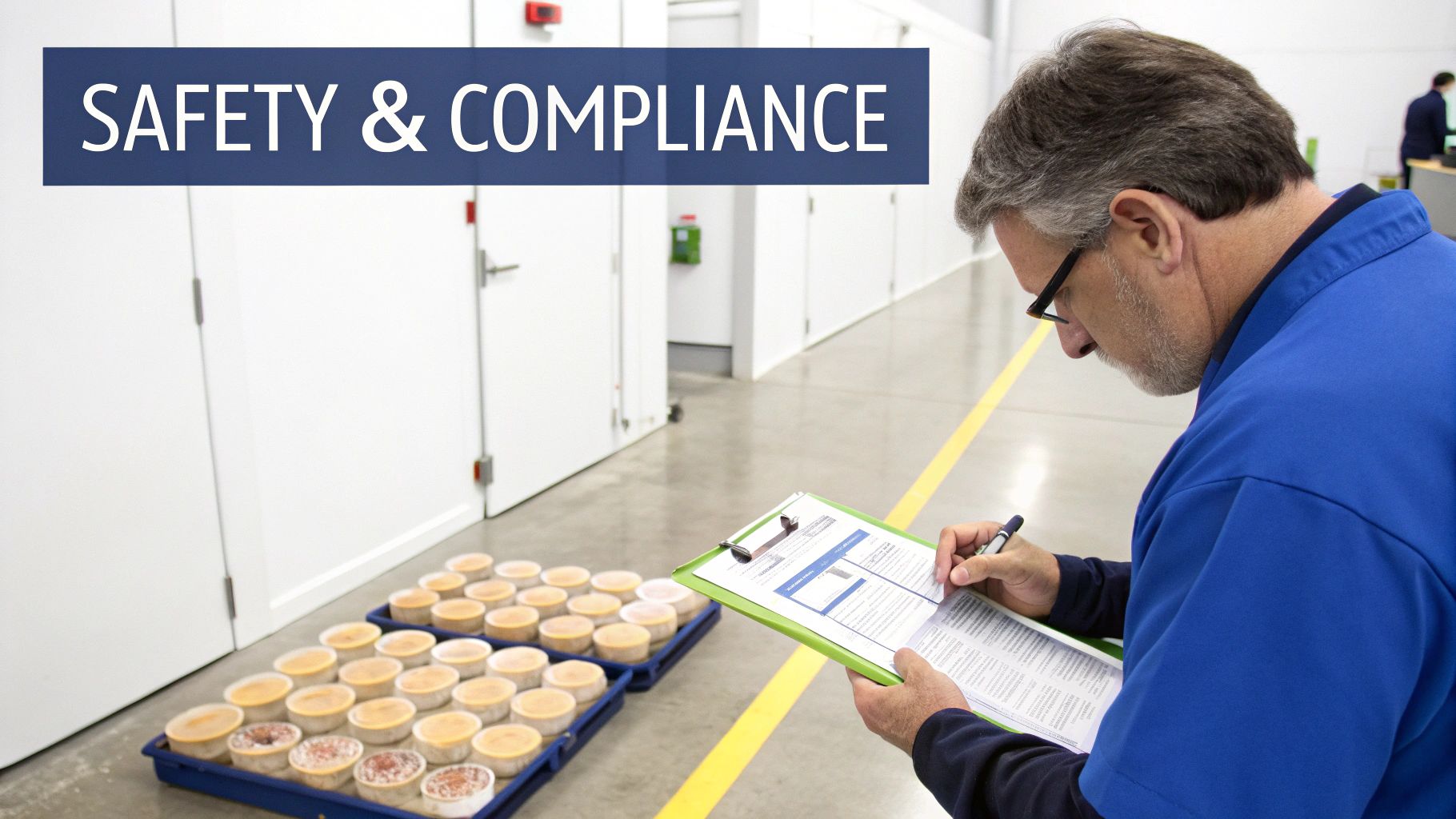 Quality control inspector examining food samples and documents for safety and compliance.