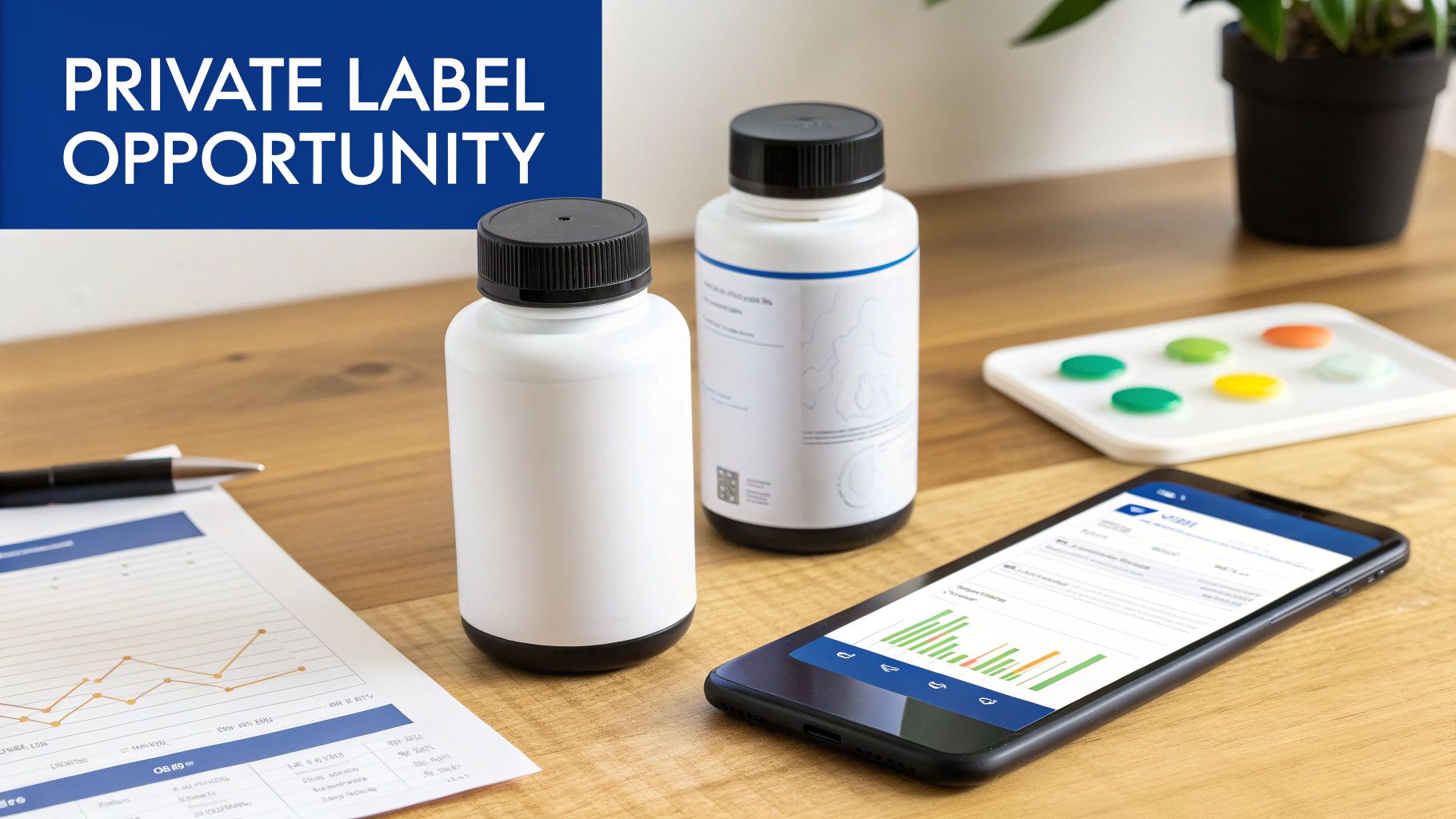 A desk setup with private label bottles, a smartphone displaying charts, documents, and a pen for business opportunity.