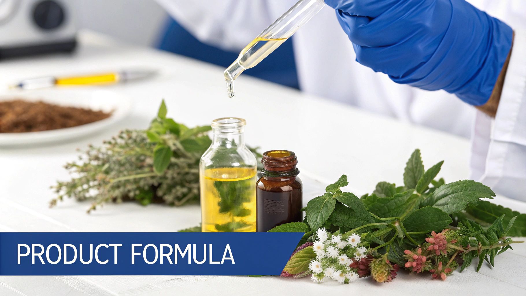 A scientist carefully measuring a liquid herbal supplement in a lab setting, with various botanical ingredients around them.