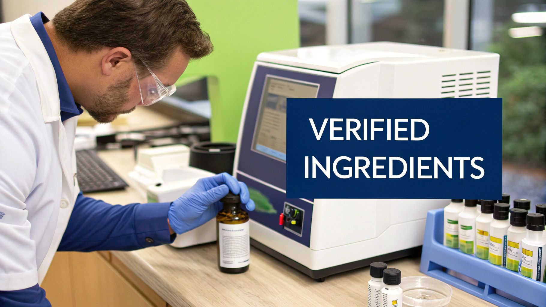 A scientist in a lab carefully examining a liquid sample in a beaker, representing the detailed analysis involved in third party verification.