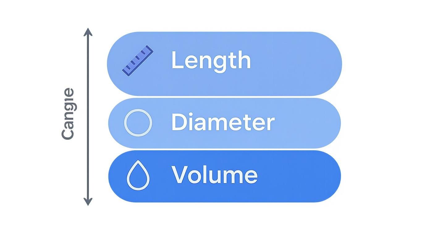 An infographic showing measurement options: Length, Diameter, and Volume, aligned with a vertical 'Cangie' arrow.