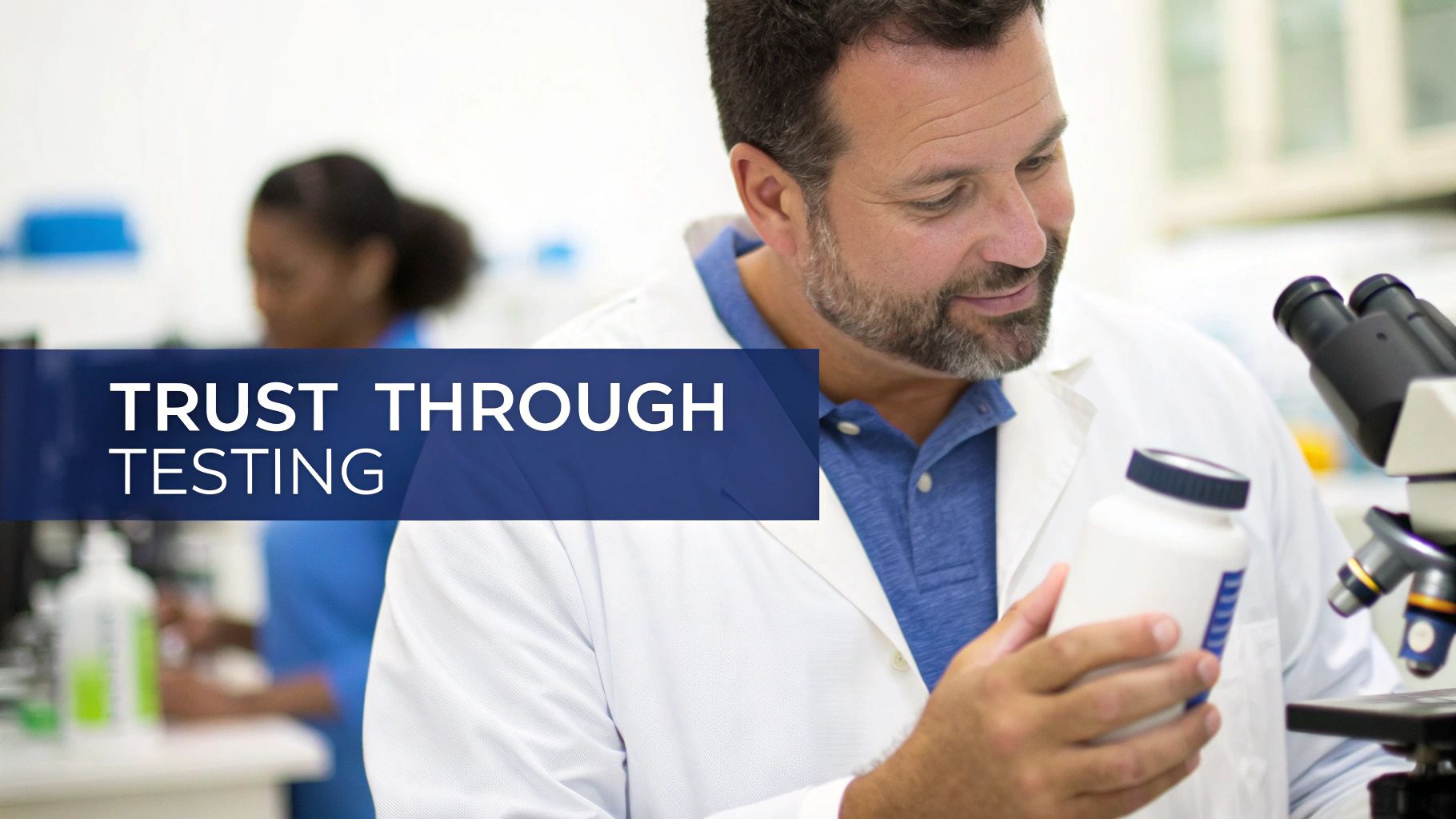 A lab technician carefully handling test tubes in a modern supplement testing lab.