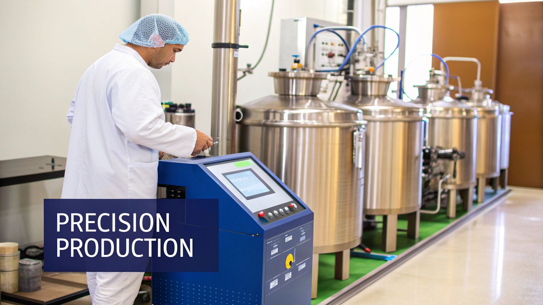 A technician in a lab coat and hair net operates a control panel in a production facility with large stainless steel tanks.