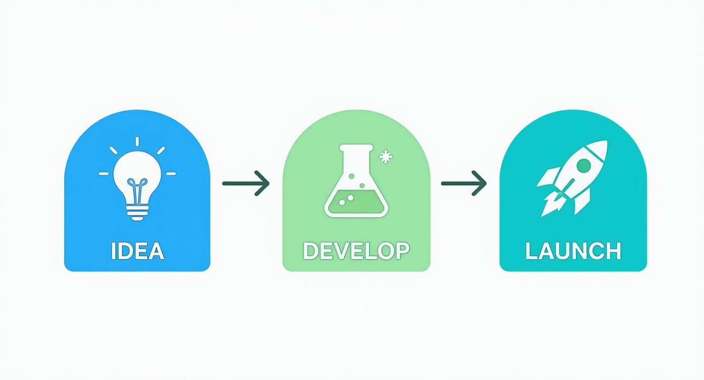 A vibrant infographic illustrating the idea, develop, and launch stages of product creation.