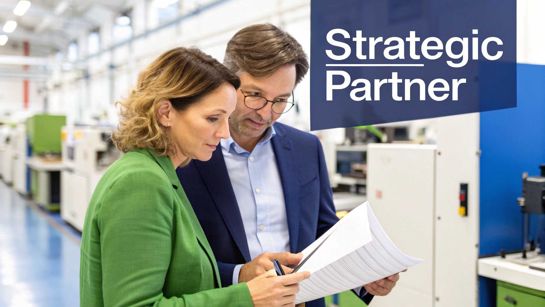 Woman inspecting a liquid supplement bottle in a modern lab facility.