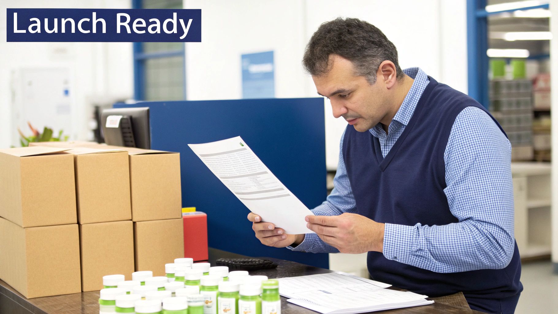 A sleek product launch scene with a liquid supplement bottle on a podium, symbolizing a successful market entry.