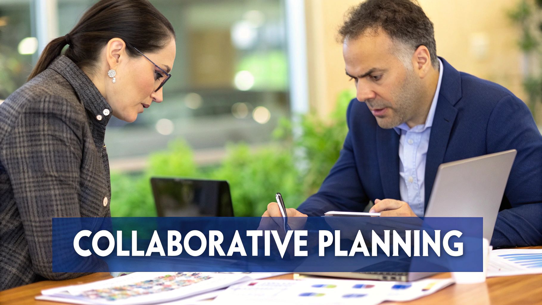 An image illustrating two business professionals engaged in collaborative planning over a table with laptops and documents, symbolizing partnership and communication.