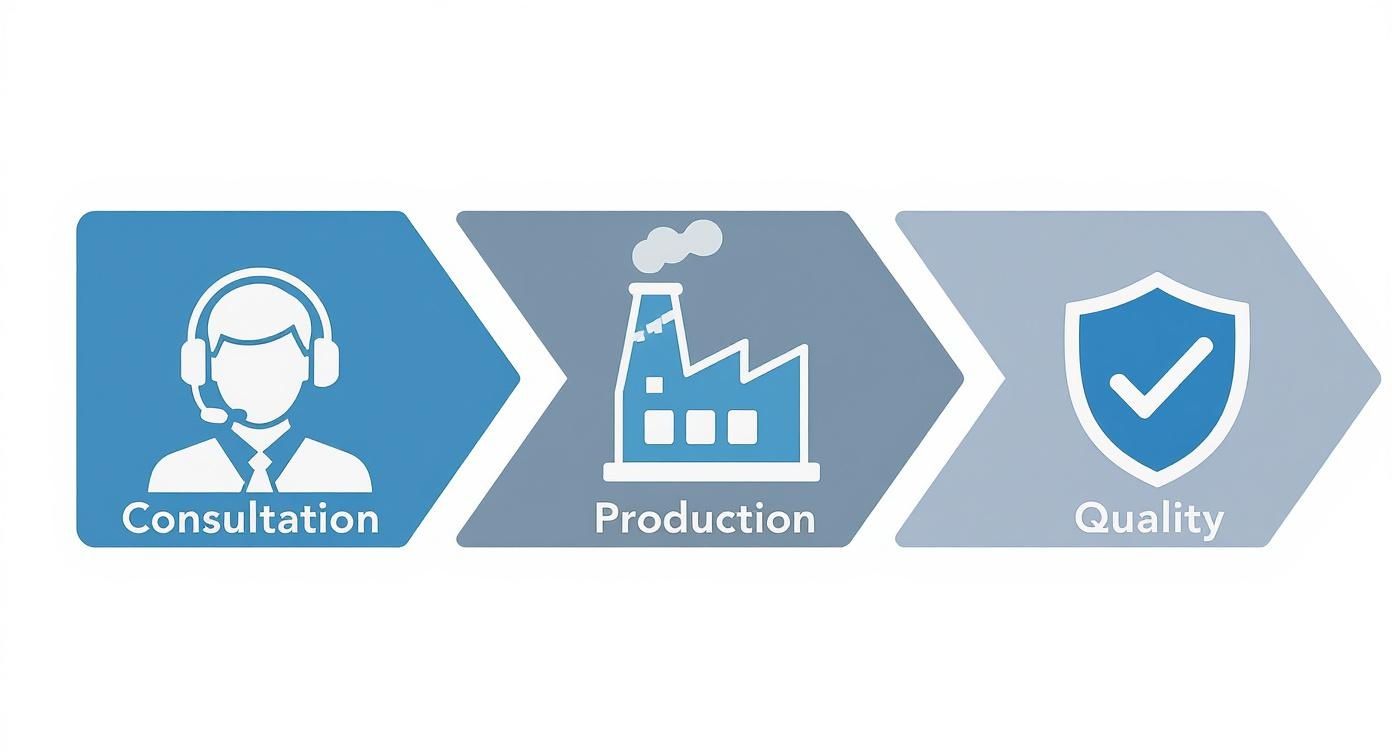 Infographic showing a three-step manufacturing process for bariatric multivitamins liquid Consultation, Production, and Quality Assurance.