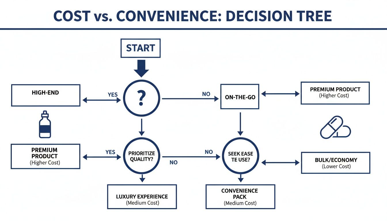 A decision tree flowchart illustrating product choices based on cost, convenience, quality, and ease of use.