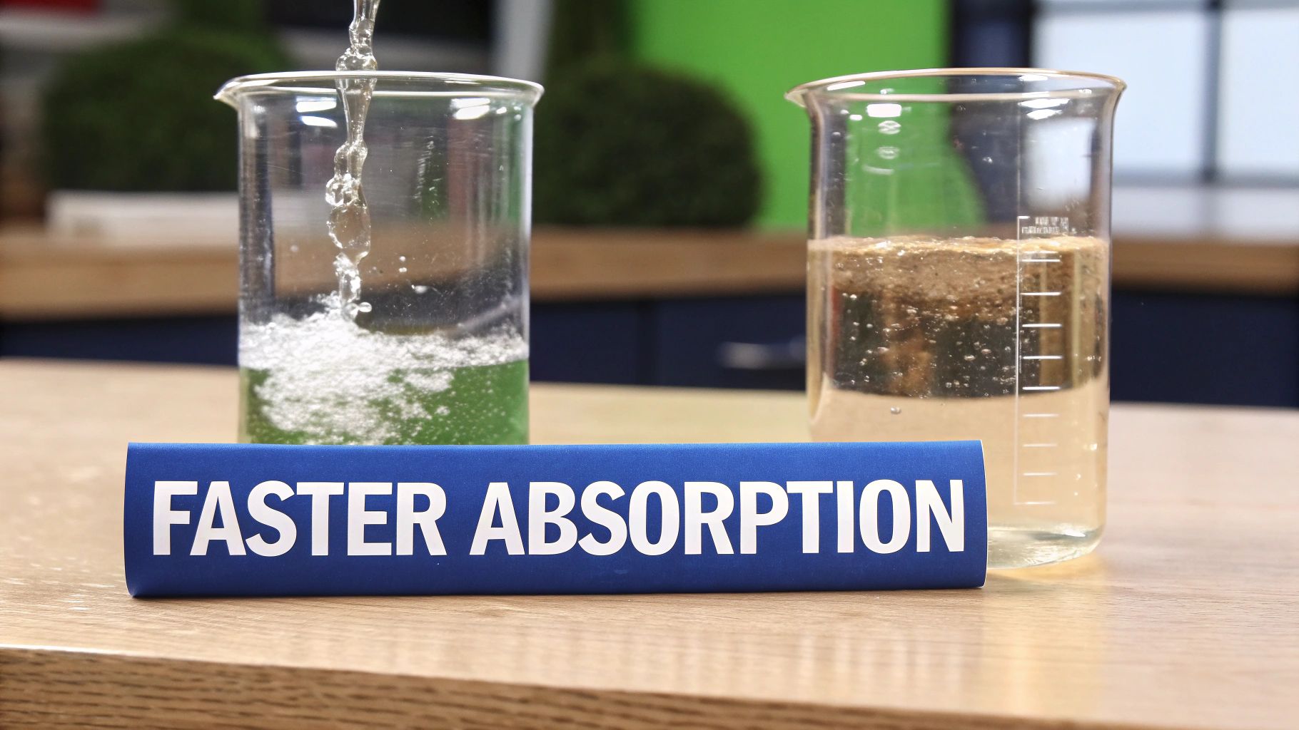 Two beakers on a wooden table, one with green liquid bubbling, one with brown. A sign says 'FASTER ABSORPTION'.