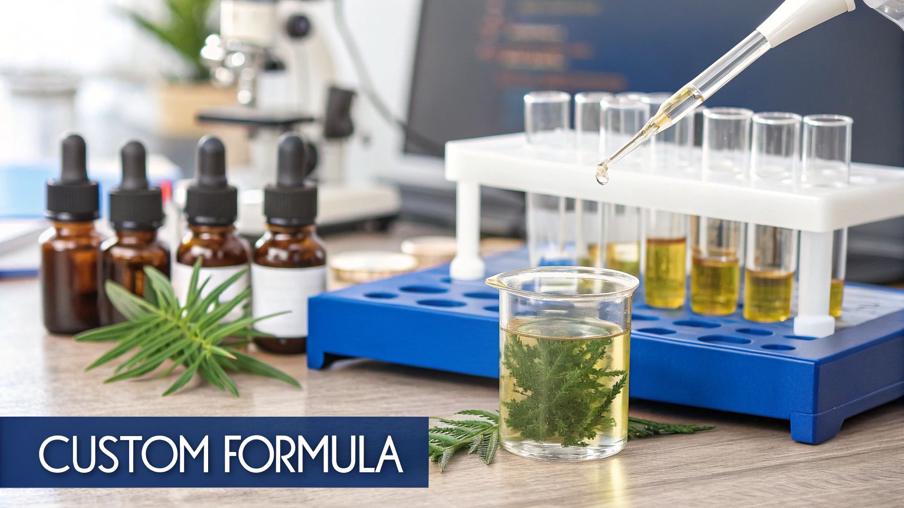 Scientist carefully measuring liquid in a lab beaker, representing formula development.