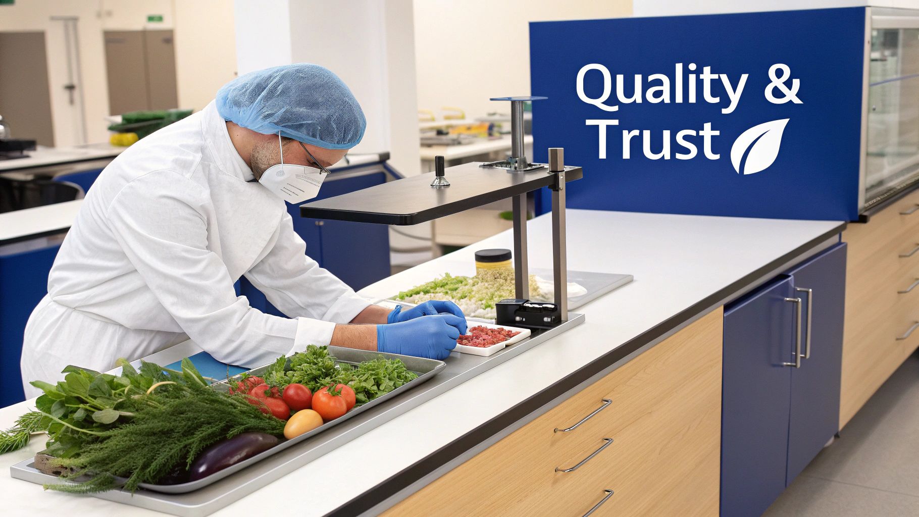 A scientist in a lab coat, mask, and gloves inspects various fresh food samples on a lab bench for quality.